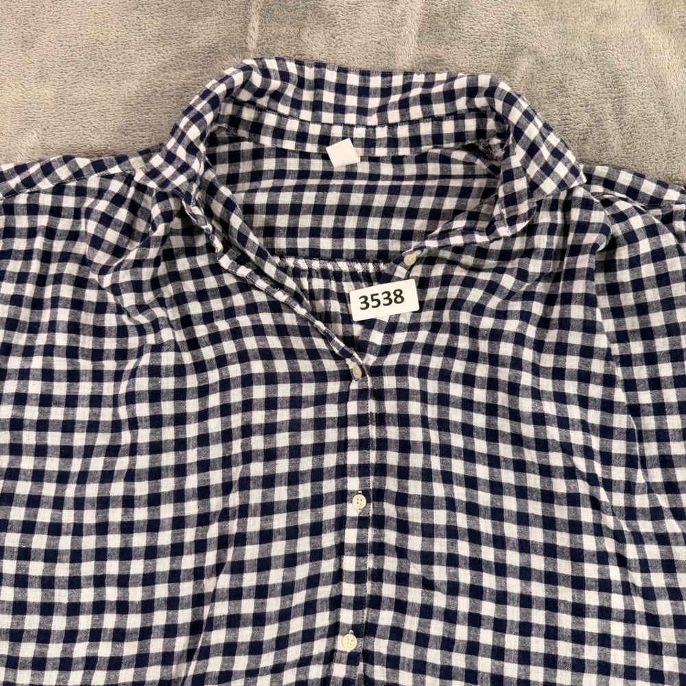 Old Navy Button Down Shirt Womens L Blue Gingham Linen Blend Relaxed Cap Sleeve